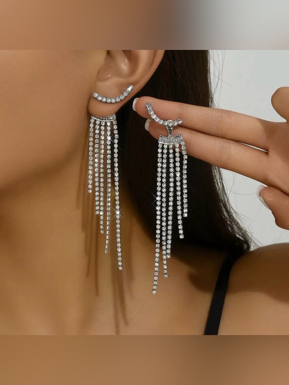 Anthropologie Silver Crystal Fringe Dangle Earrings